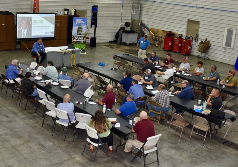 Don Lamb, the director of the Indiana State Department of Agriculture, speaks at the first Shop Talk of the season hosted by the Indiana Corn Growers Association and the Indiana Soybean Alliance’s Membership and Policy Committee. The event was held on Susan and Mike Brocksmith’s farm in Knox County on the west edge of the state.