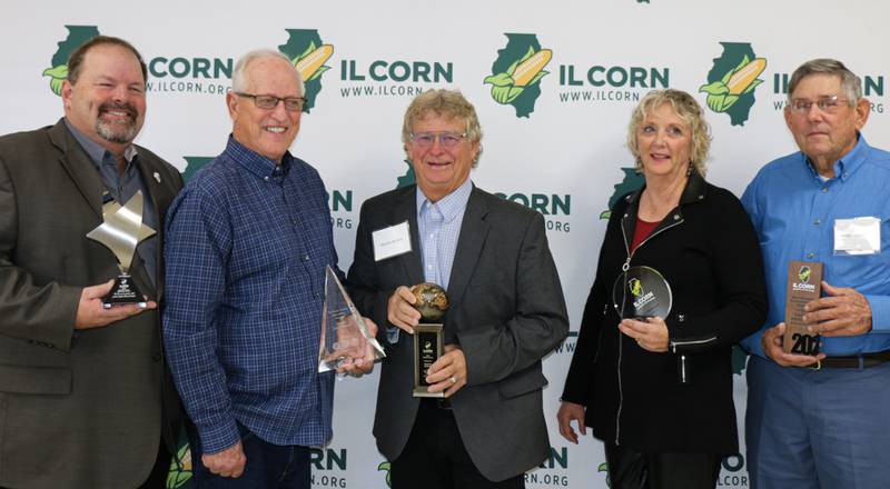 The Illinois Corn Growers Association gave special recognition to five individuals for their support of corn farmers and the industry during the annual meeting Nov. 21 in Bloomington. Honorees were State Sen. Patrick Joyce (from left), Ethanol Award; Jean Stewart, Randy Stauffer Stewardship Award; Martin Barbre, World of Corn; Kay Shipman, Media Award; and Ralph Upton Jr., Mike Plumer Environmental Award.