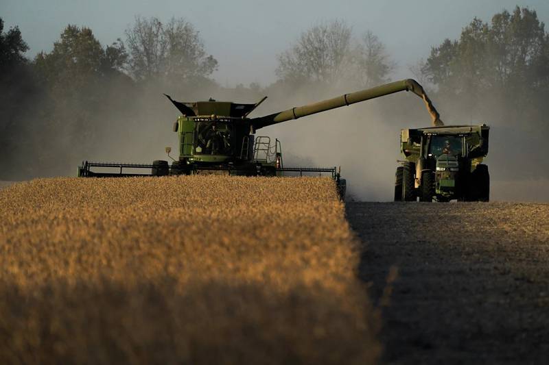 Jed Clark drives his combine while harvesting soybeans on Nov. 8, 2023, in Lynnville, Kentucky.