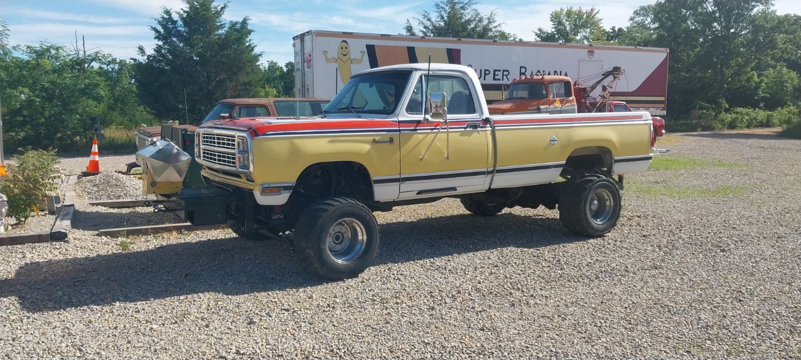 The banana yellow, white and red Dodge is Larry McVey’s pulling truck. McVey pulls in the National Tractor Pulling Legends Series, along with his 1955 modified Massey Harris tractor, Super Banana.