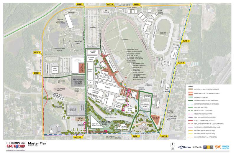 Proposed improvements to the Illinois State Fairgrounds include the creation of a “Town Square” south of the Midway to improve aesthetics and navigability of the grounds, development of an onsite hotel property and expanded staffing to include dedicated sales and marketing functions.