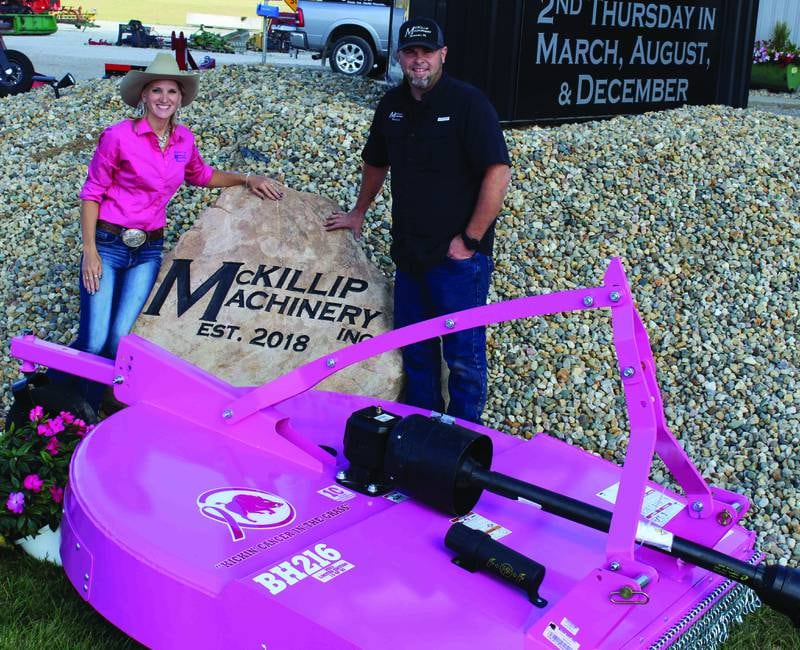 Keishia and Brent McKillip, owners of McKillip Machinery, will auction off a limited-edition BH216 pink rotary cutter as part of the “Kickin’ Cancer in the Grass” campaign. Bids can be made online or in person at their consignment auction Dec. 14 at their store location in Wabash, Indiana. Visit their website — www.mckillipmachinery.com — for bidding details.