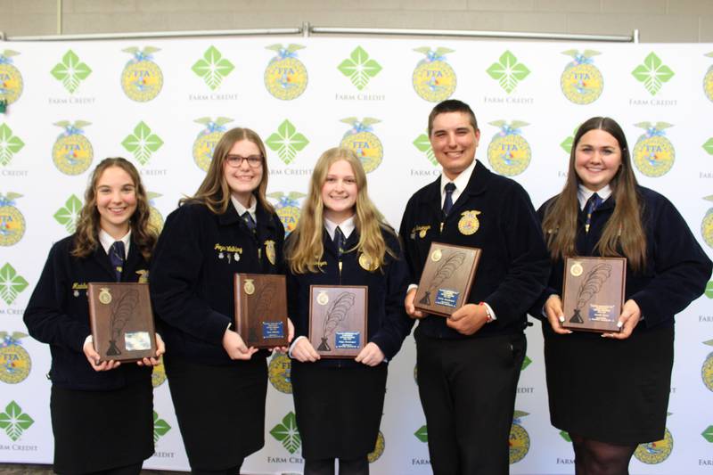 The Top Five Section Reporters received a special award from Illinois AgriNews during Session 2 of the 96th Illinois FFA State Convention. These students were honored for their outstanding work during the past year reporting on events and activities of their sections. Members receiving this special recognition include Maddie Toman (from left), Midland Chapter; Joyce Walkling, Streator Chapter; Paige Hortsmeyer, Staunton Chapter; Gehrig Bunselmeyer, Maroa-Forsyth Chapter; and Janella Neary, Waterloo Chapter.