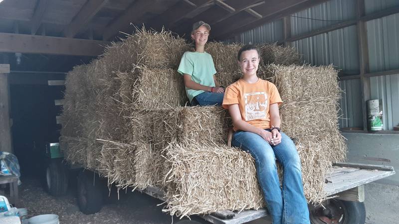 Kendra Downing (at front) and her sister, Emily, sit on a hayrack load of straw they will market through their farm stand located just outside of Cambridge, Illinois. Downing won the National FFA agricultural proficiency award for agricultural sales — entrepreneurship for her work to market her own products as well as products purchased from local producers.