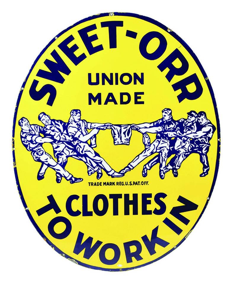 The Sweet-Orr logo shows their clothes are strong enough to handle anything a worker, or group of workers, might put them through.