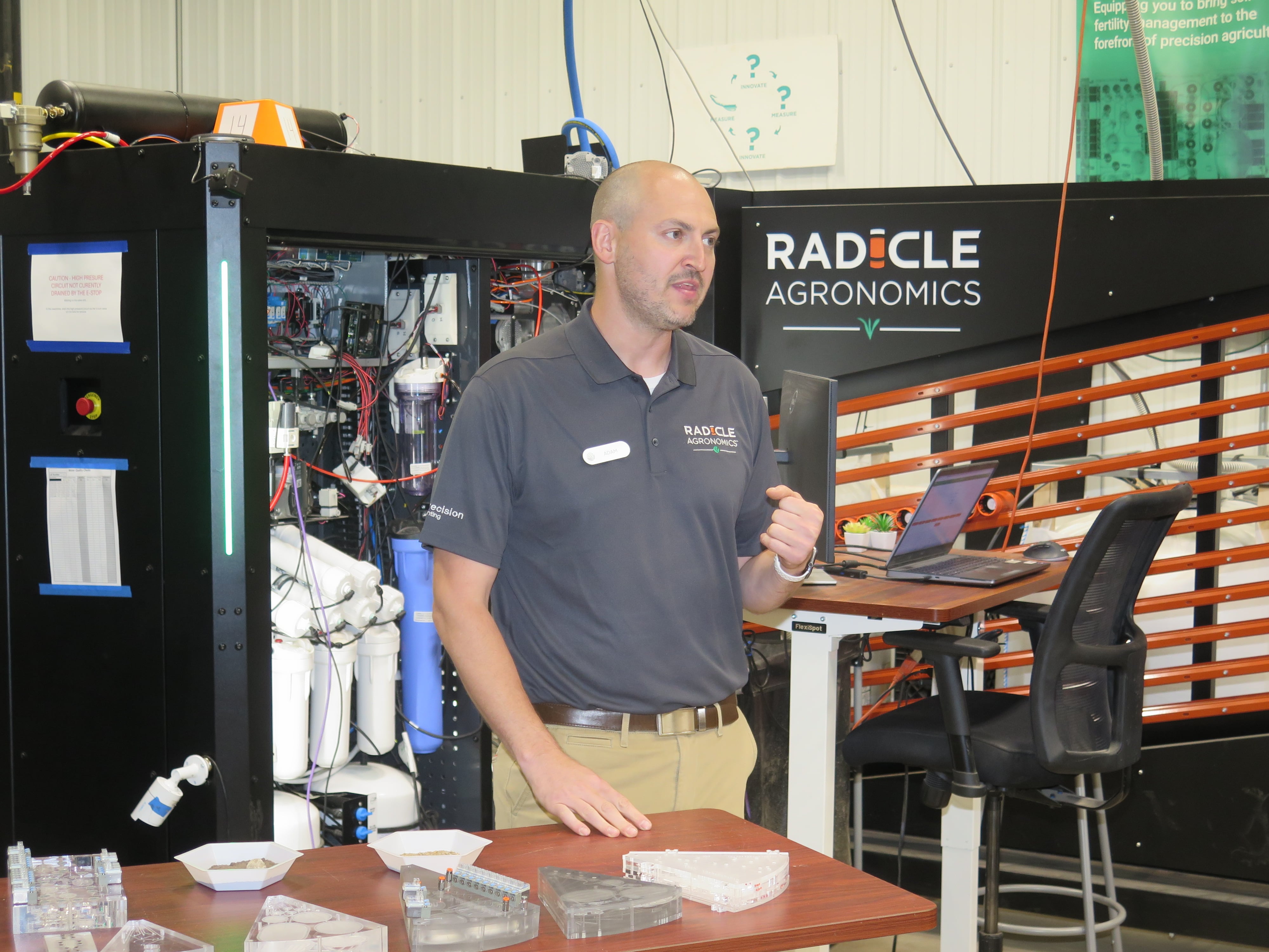 Adam Vaccari, Precision Planting engineering team lead for chemistry, analysis and software, describes the inner-workings of the Radicle Agronomics development lab where the design, procurement and building of the portable soil test labs are done, along with much of validation testing by staff engineers.