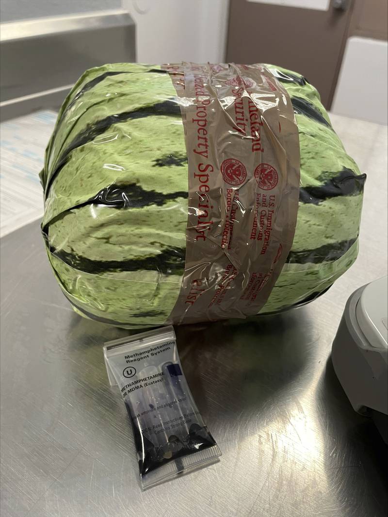 A fake watermelon, used to disguised a shipment of methamphetamines, is shown after a bust by U.S. Customs and Border Protection on Aug. 16 in Otay Mesa, California.