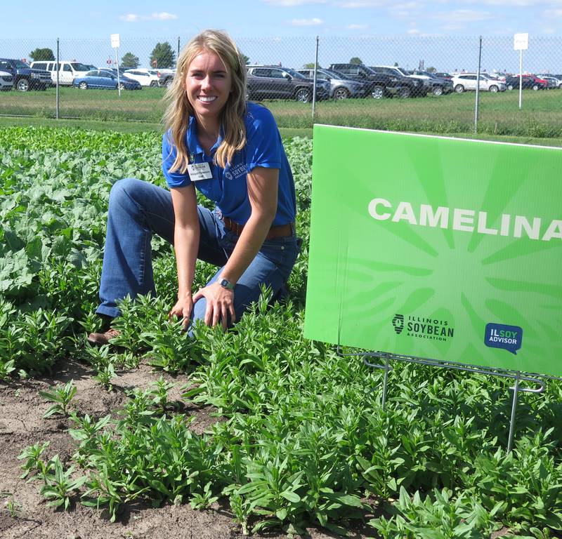 AgriNews photo/Tom C. Doran
New soybean and cover crop plots were featured by the Illinois Soybean Association during the Farm Progress Show. Abigail Peterson, ISA’s director of agronomy, points out the features of the camelina cover crop with forage turnips in the background.