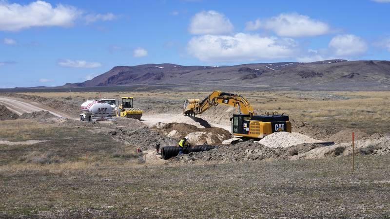 Construction continues at the Thacker Pass lithium mine near Orovada, in northern Nevada near the Oregon line. The Biden administration has agreed to provide a $2.26 billion conditional loan to Lithium Americas to help cover construction costs of a processing facility at its giant lithium mine in the works.