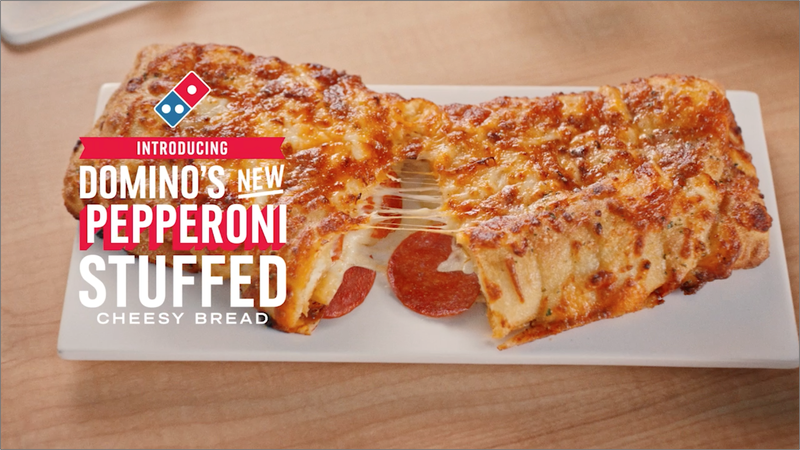 Domino’s has added Pepperoni Stuffed Cheesy Bread to its lineup of Stuffed Cheesy Bread. The oven-baked breadsticks are stuffed with cheese and pepperoni, covered in a blend of cheese made with 100% real mozzarella and cheddar and seasoned with a touch of Parmesan and garlic.
