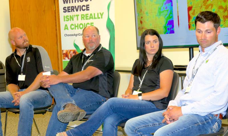 AgriGold agronomists Nick Frederking (from left), Kevin Gale, Emily Prevo and Sam McCord note the potential impacts of a long planting season, followed by hot weather, as panelists at the seed company’s specialty crops conference June 18 at AgReliant Genetics Research Station near Ivesdale, Illinois.