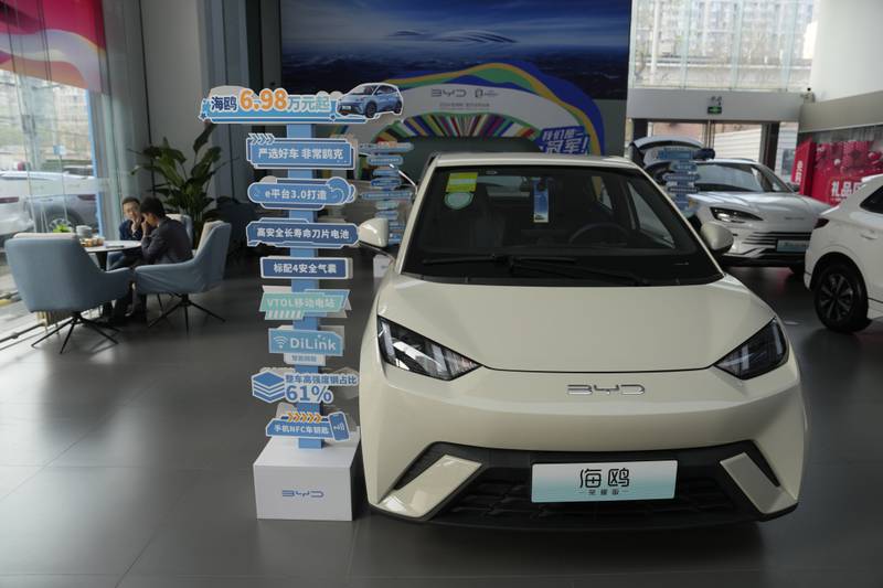 The Seagull electric vehicle from Chinese automaker BYD is displayed at a showroom in Beijing.