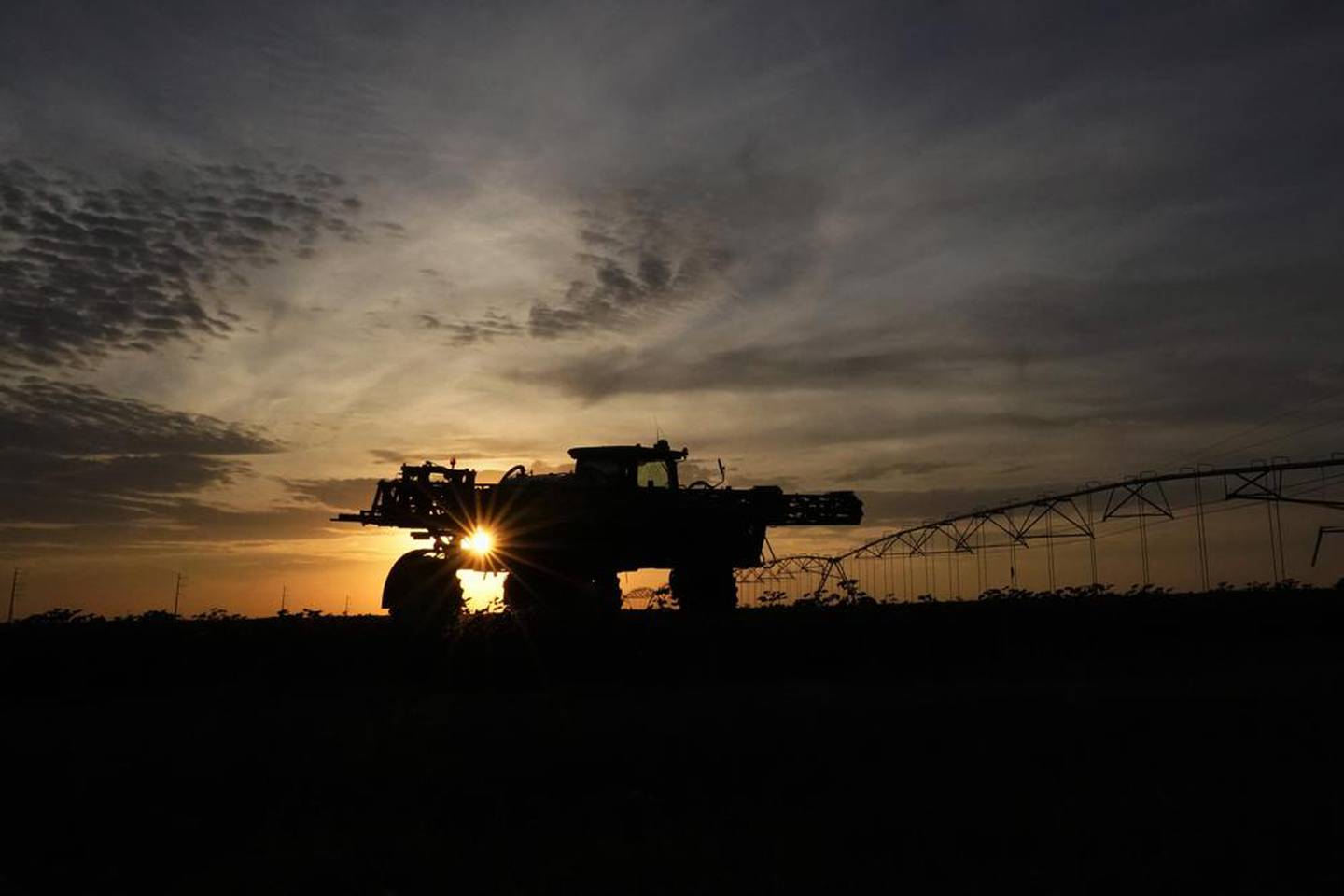 A farmer works on his cotton field near Cotton Center, Texas.