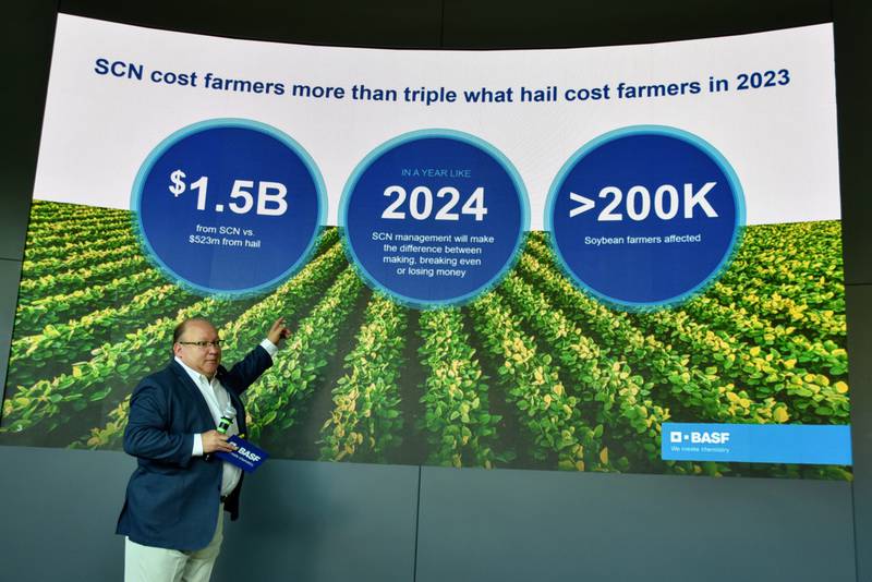 Scott Kay, vice president of U.S. agricultural solutions at BASF, points out how soybean cyst nematodes cost farmers more than triple what hail cost them in 2023 — a whopping $1.5 billion from SCN compared to $523 million from hail.