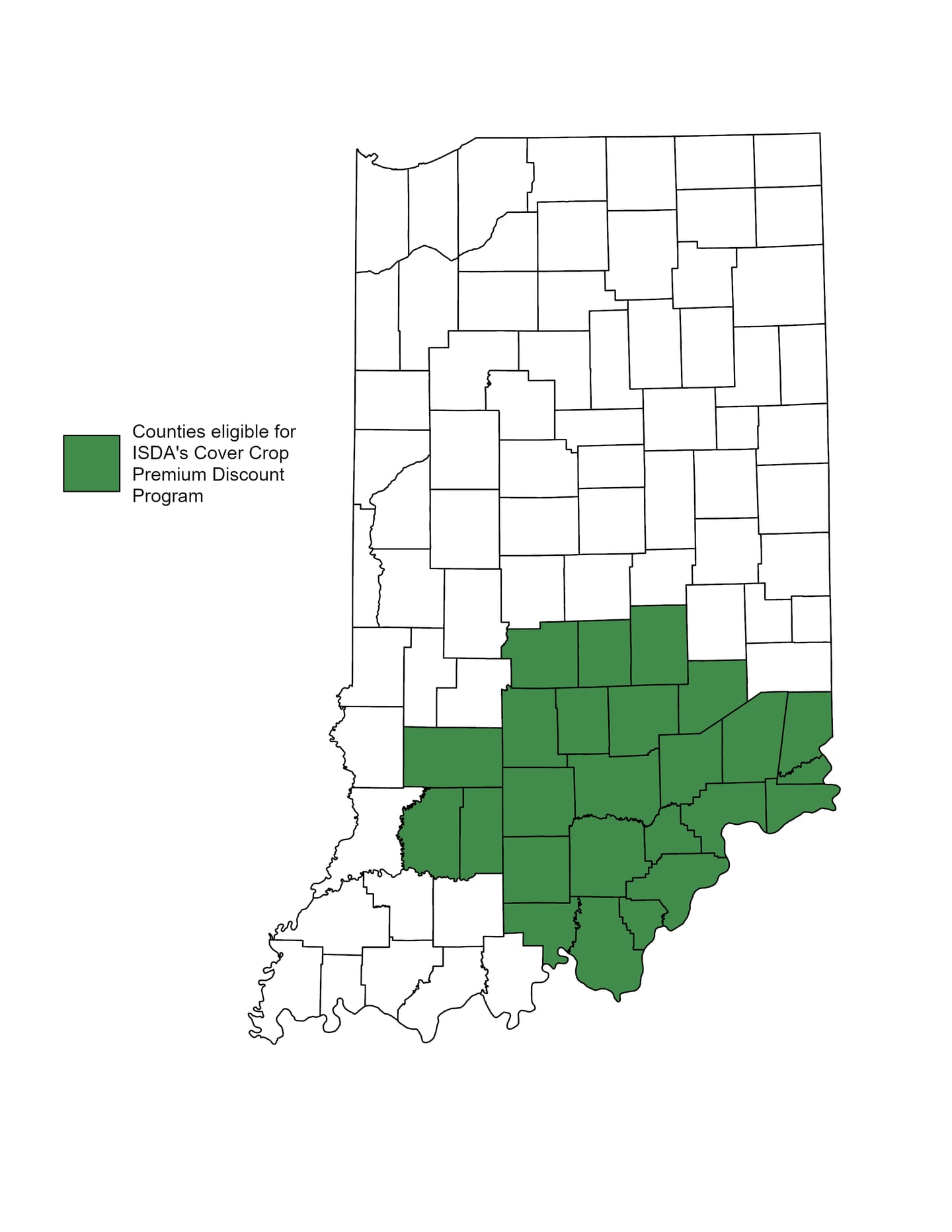 A map shows which counties are eligible for the Cover Crop Premium Discount Program in Indiana.