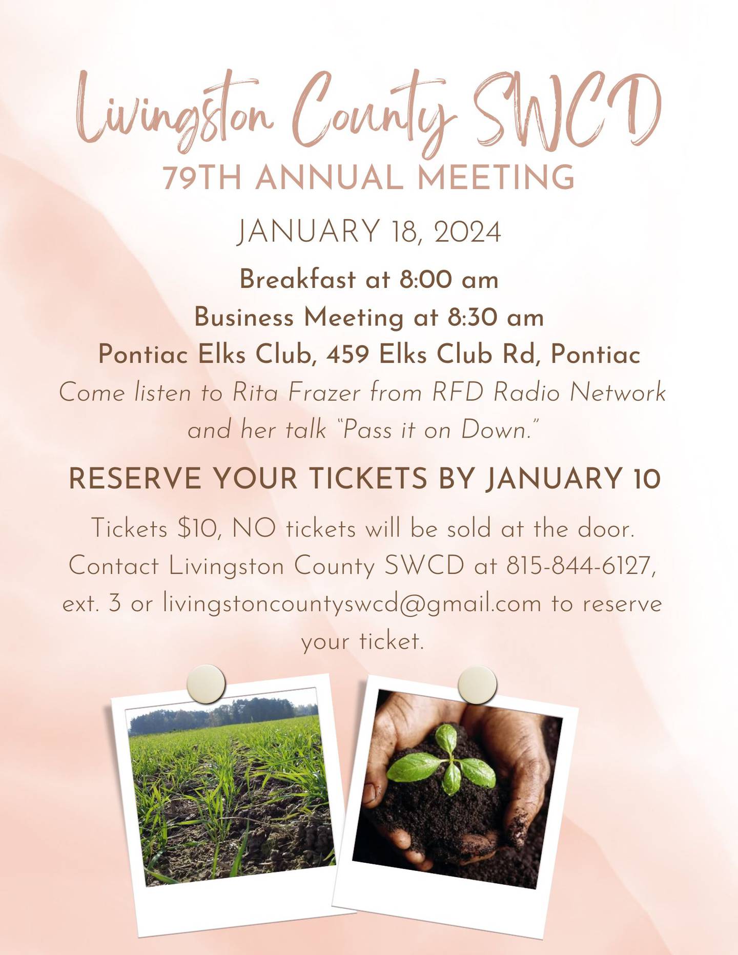 The Livingston County Soil and Water Conservation District’s 79th annual meeting will be held Jan. 18 at the Pontiac Elks Club.