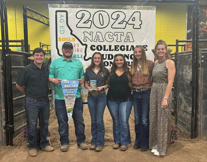 The Vincennes University Livestock Team — Joe Records (from left), Mason Guthrie, Sidnee Mason, Rayne Held, Delani Bateman and Katie Stenftenagel — showcases their outstanding expertise by placing second in the North American Colleges and Teachers of Agriculture Livestock Judging Contest last month.