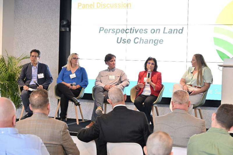 Nancy Kavazanjian, a United Soybean Board farmer-leader from Wisconsin, serves on a panel at the Land Use Change Summit and encourages the value chain to “look at the farmer as your partner and bring us along the way” when it comes to understanding land use change that’s more representative of today’s farming practices.